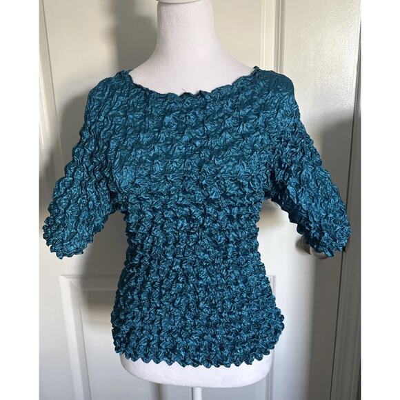Vtg F C Teal Crinkle Pleated Stretch Top 3/4 Sleeve One Size Fits Most Boho Chic - Picture 1 of 2